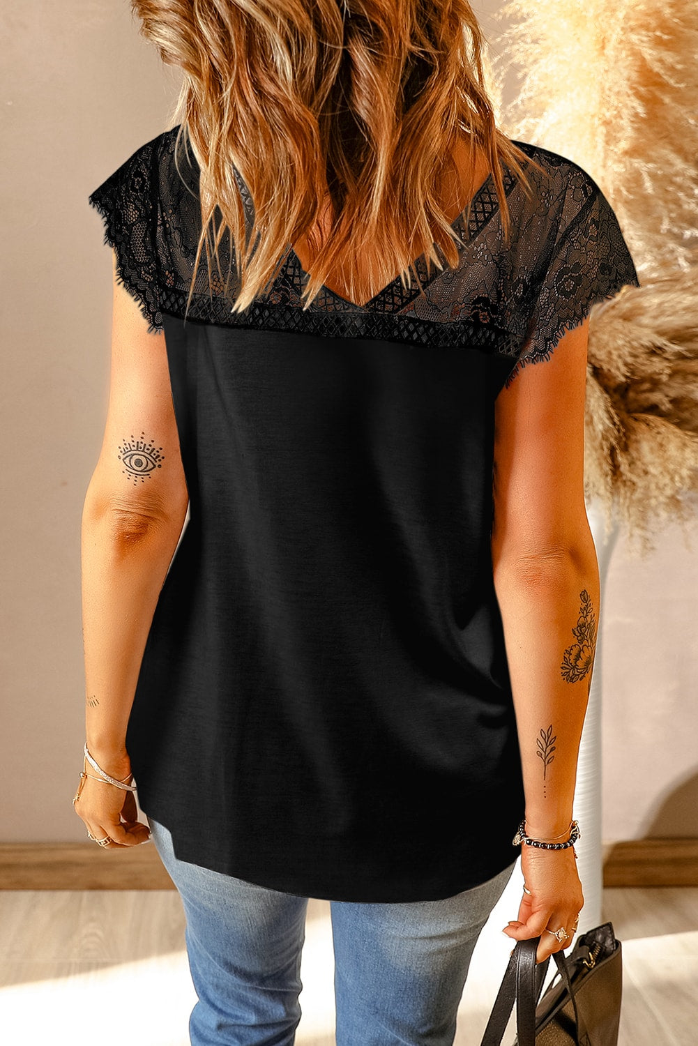 Scalloped Spliced Lace V-Neck Top