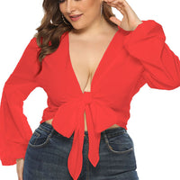 Full Size Tied Balloon Sleeve Crop Top