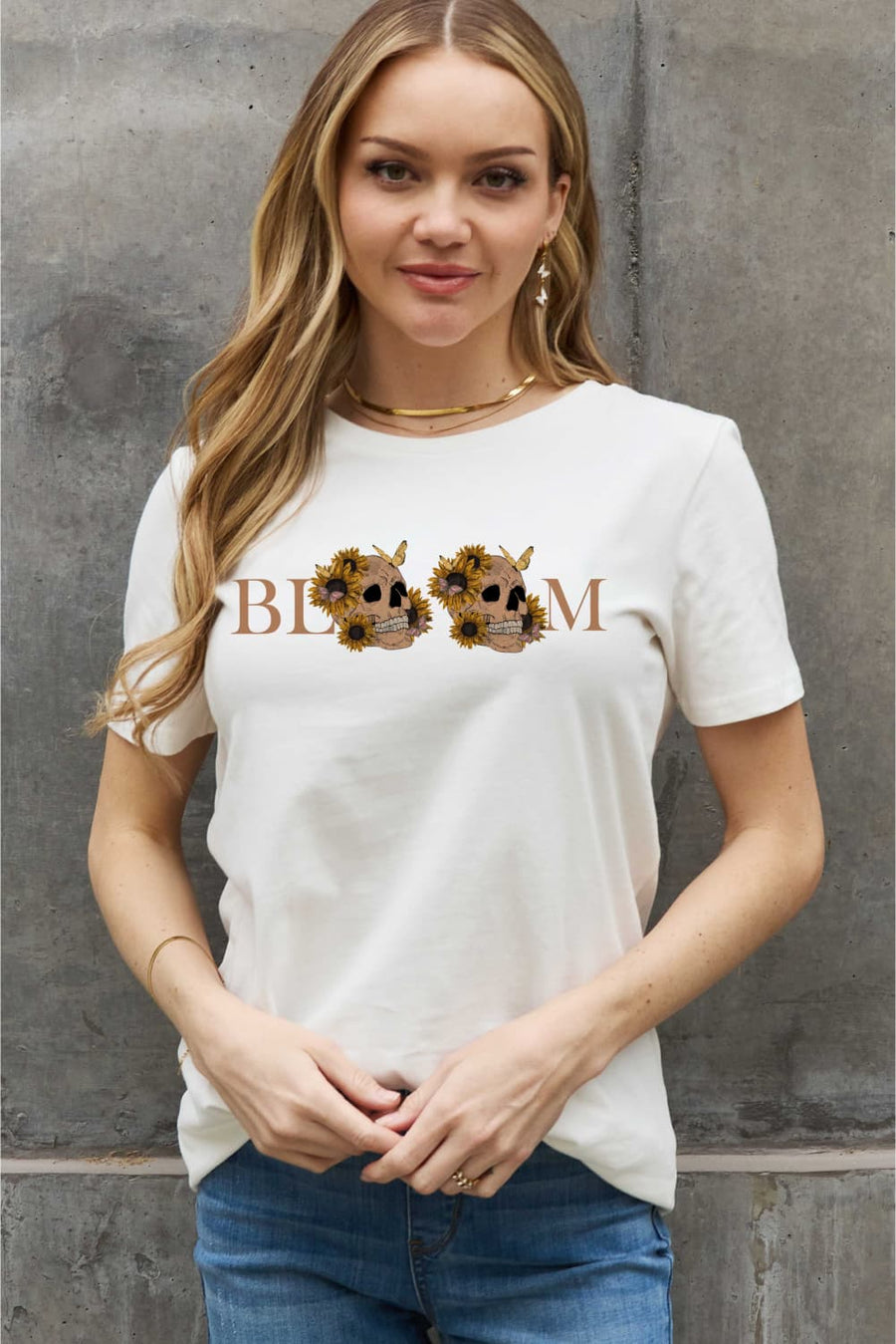 Simply Love Full Size BLOOM Skull Graphic Cotton Tee