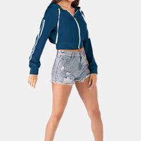 Side Stripe Drawstring Cropped Hooded Jacket