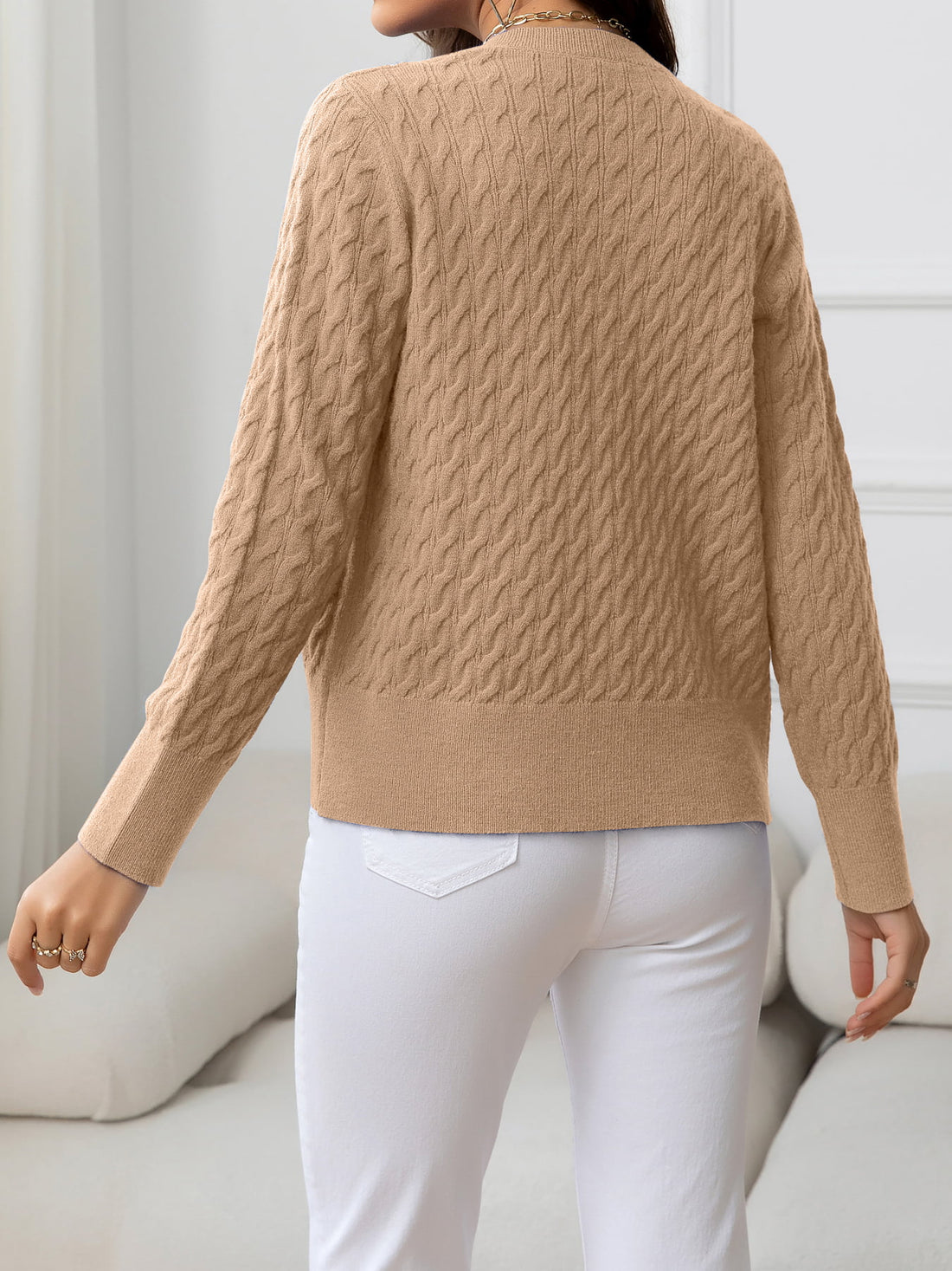 Round Neck Cable-Knit Buttoned Knit Top