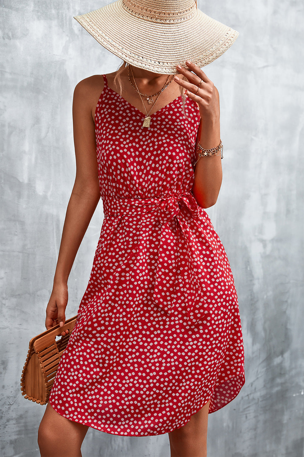 Printed V-Neck Tie Waist Mini Dress