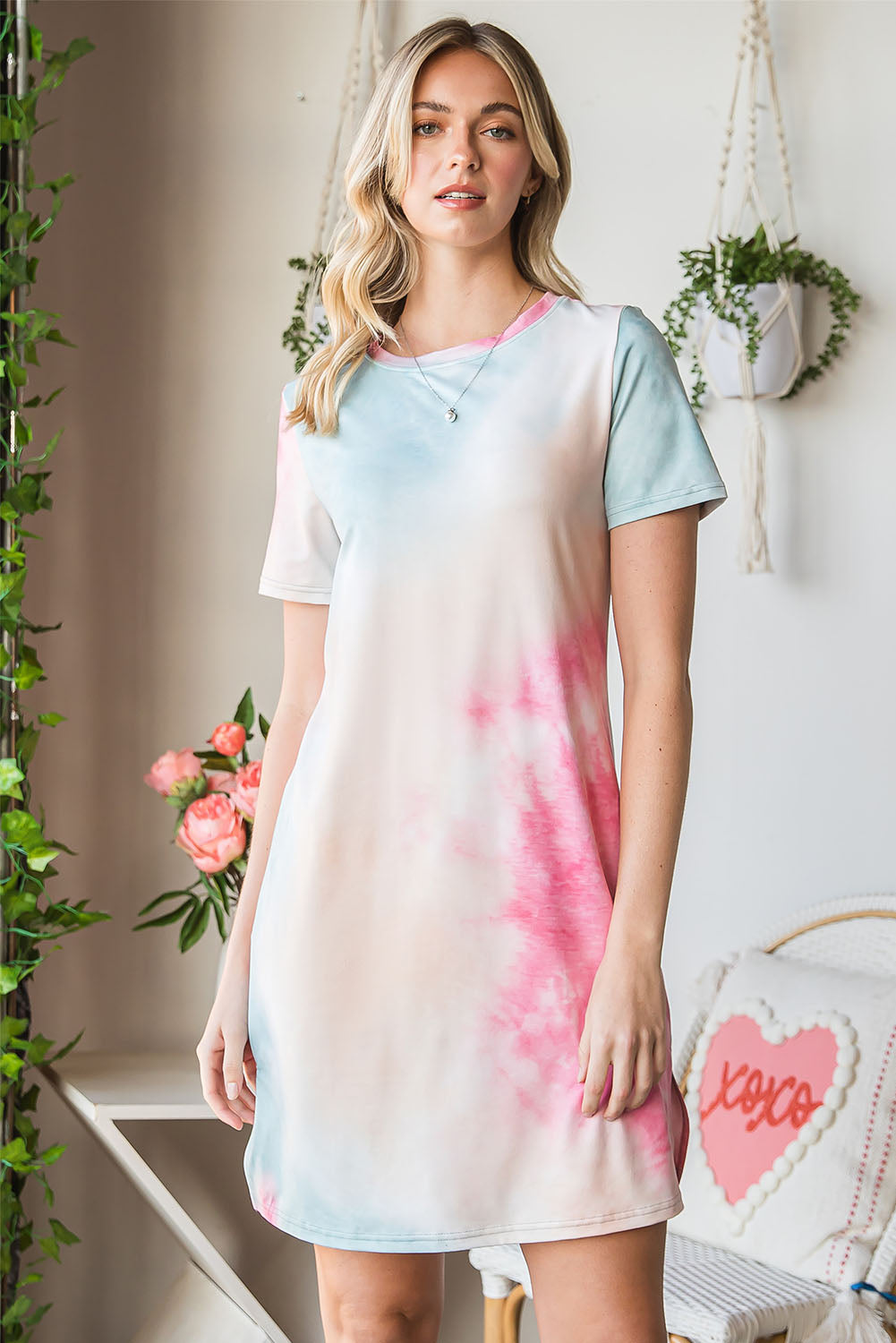 Tie-Dye Round Neck Short Sleeve Slit Dress