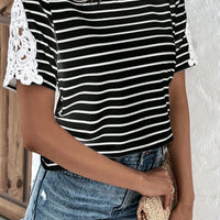 Striped Spliced Lace Round Neck Tee