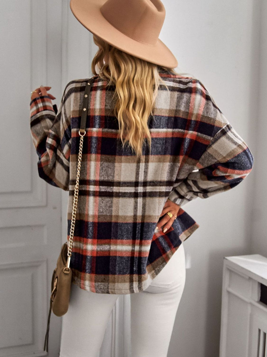 Plaid Button Front Brushed Jacket with Breast Pockets