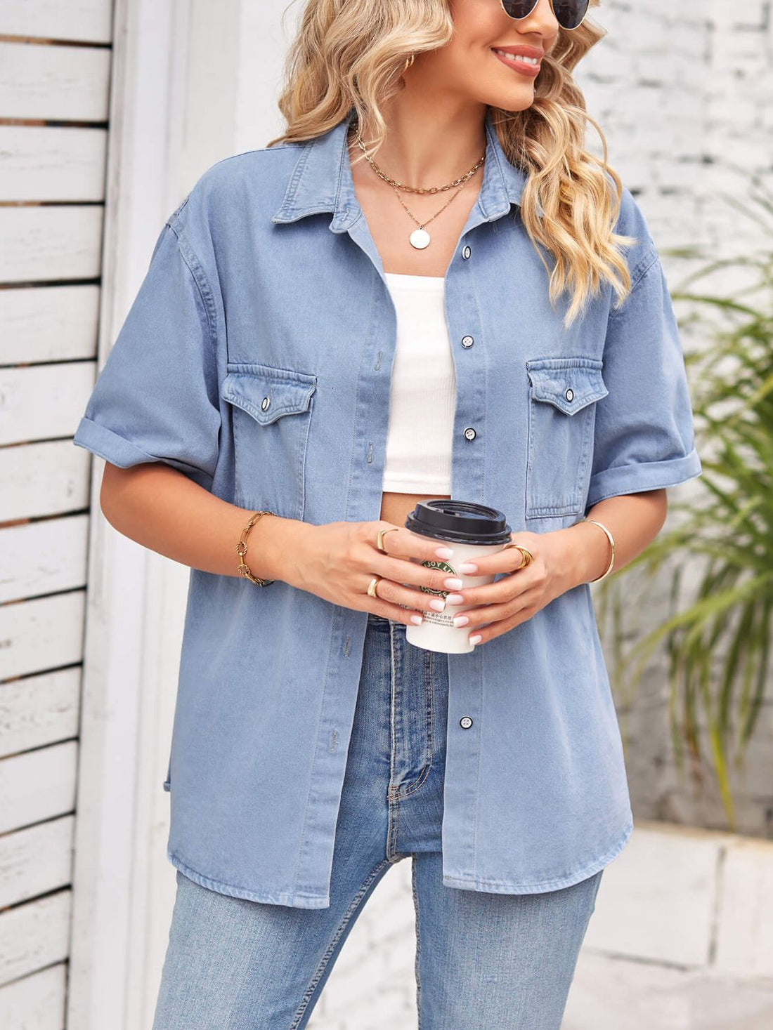 Collared Neck Short Sleeve Denim Top