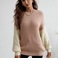 Two-Tone Rib-Knit Dropped Shoulder Sweater