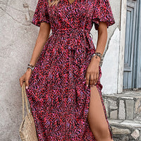 Printed Tie Belt Flutter Sleeve Dress