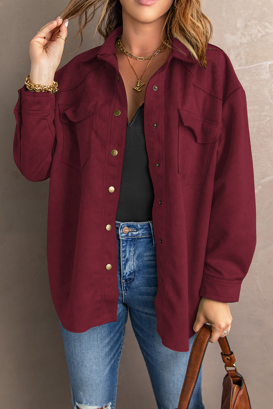 Suede Snap Front Dropped Shoulder Shirt Jacket