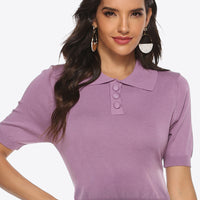 Buttoned Collared Neck Short Sleeve Knit Top