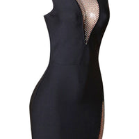 Rhinestone Detail Spliced Mesh Sleeveless Dress