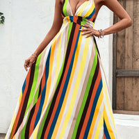 Multicolored Stripe Crisscross Backless Dress