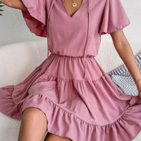 Tie Neck Tiered Flutter Sleeve Mini Dress