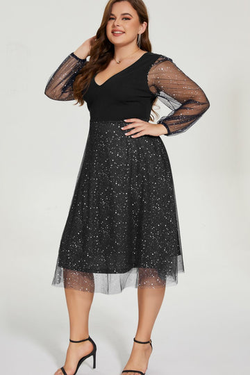 Plus Size Glitter Mesh Sleeve Plunge Dress