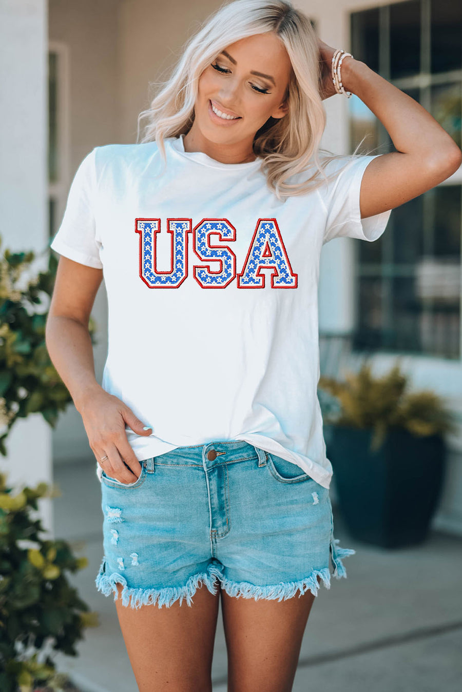 USA Graphic Embroidered Round Neck T-Shirt