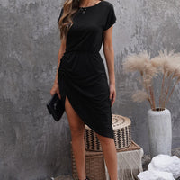 Short Sleeve Ruched Asymmetrical Hem Dress