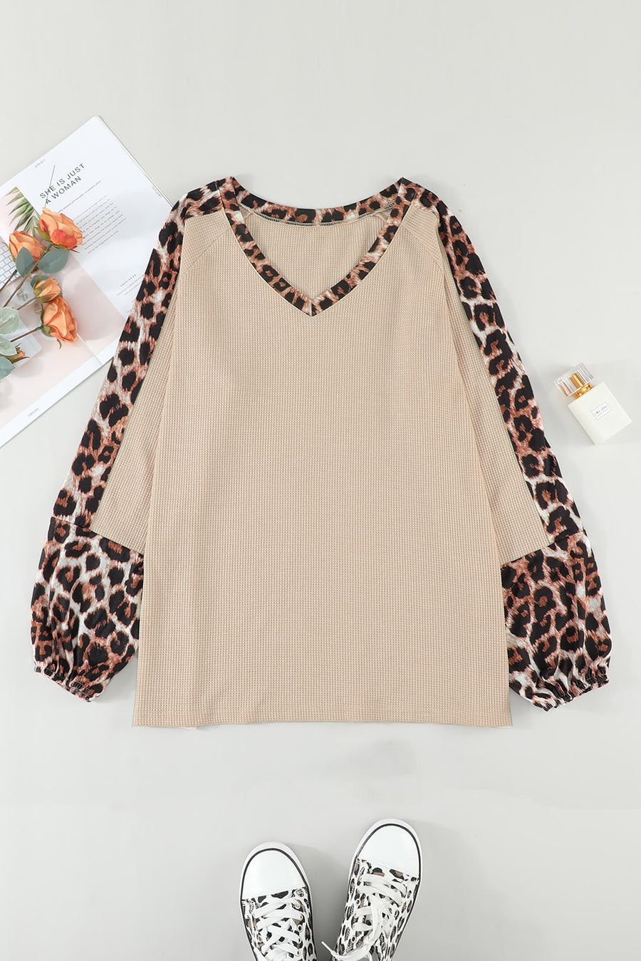 Plus Size Leopard Waffle-Knit Raglan Sleeve Top