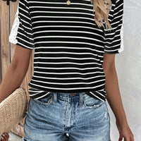 Striped Spliced Lace Round Neck Tee