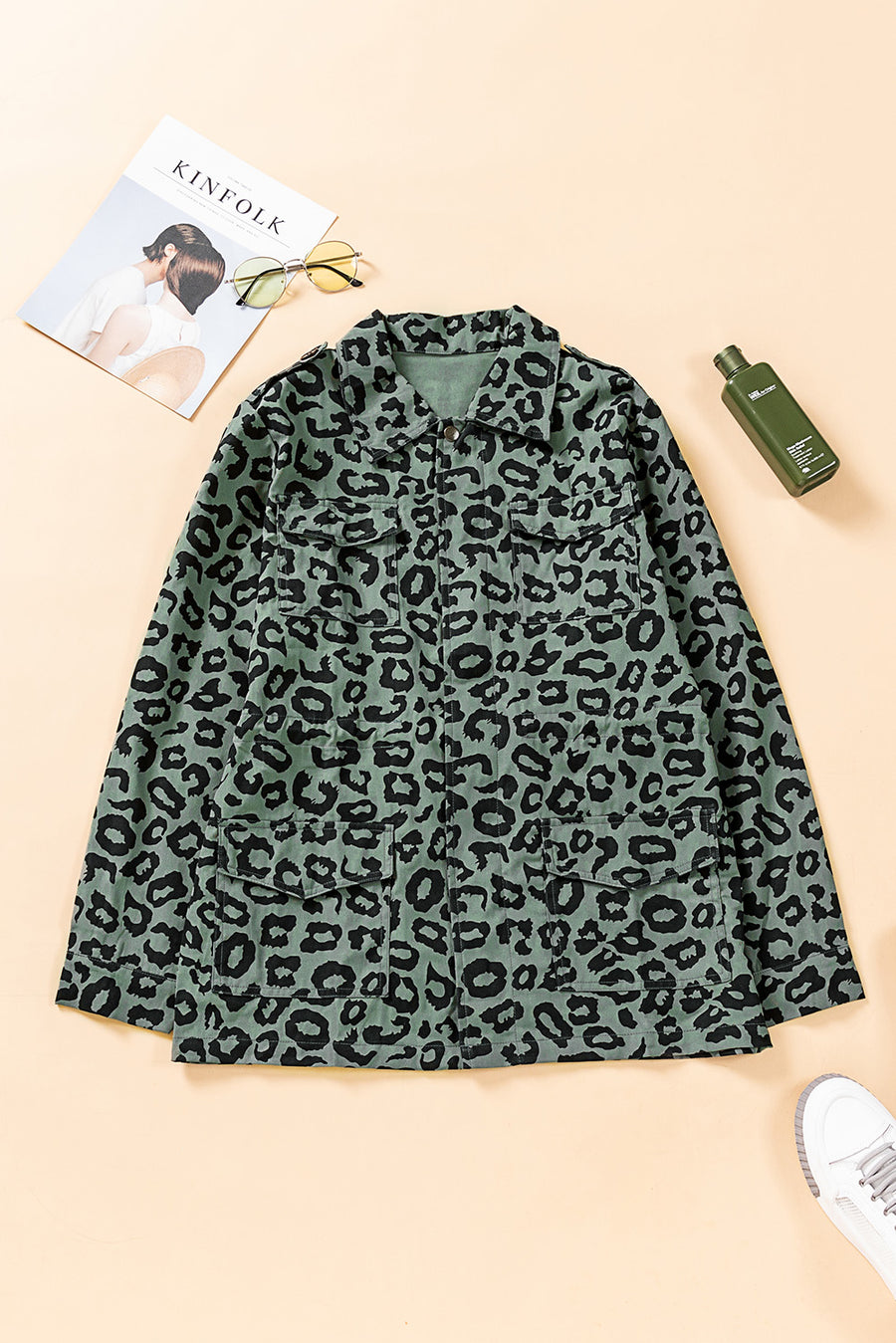 Leopard Drawstring Waist Shirt Jacket with Pockets