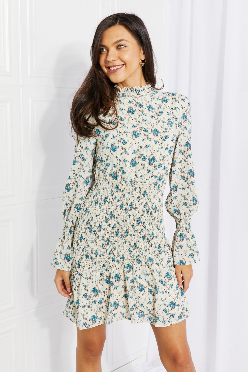 Petal Dew Meadowscape Floral Smocked Mock Neck Mini Dress