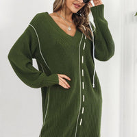 Contrast V-Neck Sweater Dress