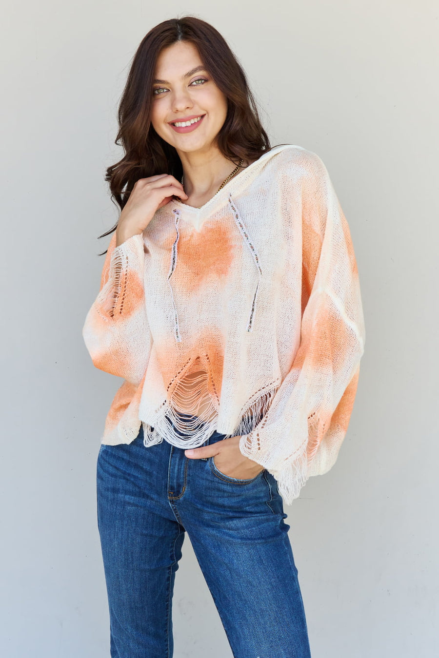 POL Mix It Up Tie Dye Hooded Distressed Sweater in Ivory/Orange