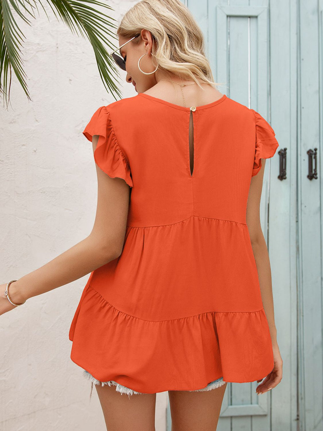 Round Neck Flutter Sleeve Tiered Blouse