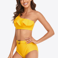 Ruffled One-Shoulder Buckled Bikini Set