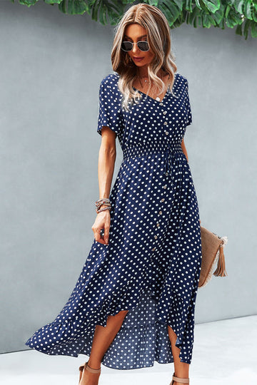 Polka Dot Ruffle Hem V-Neck Short Sleeve Midi Dress