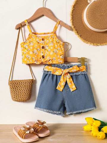 Girls Floral Cami and Belted Denim Shorts Set