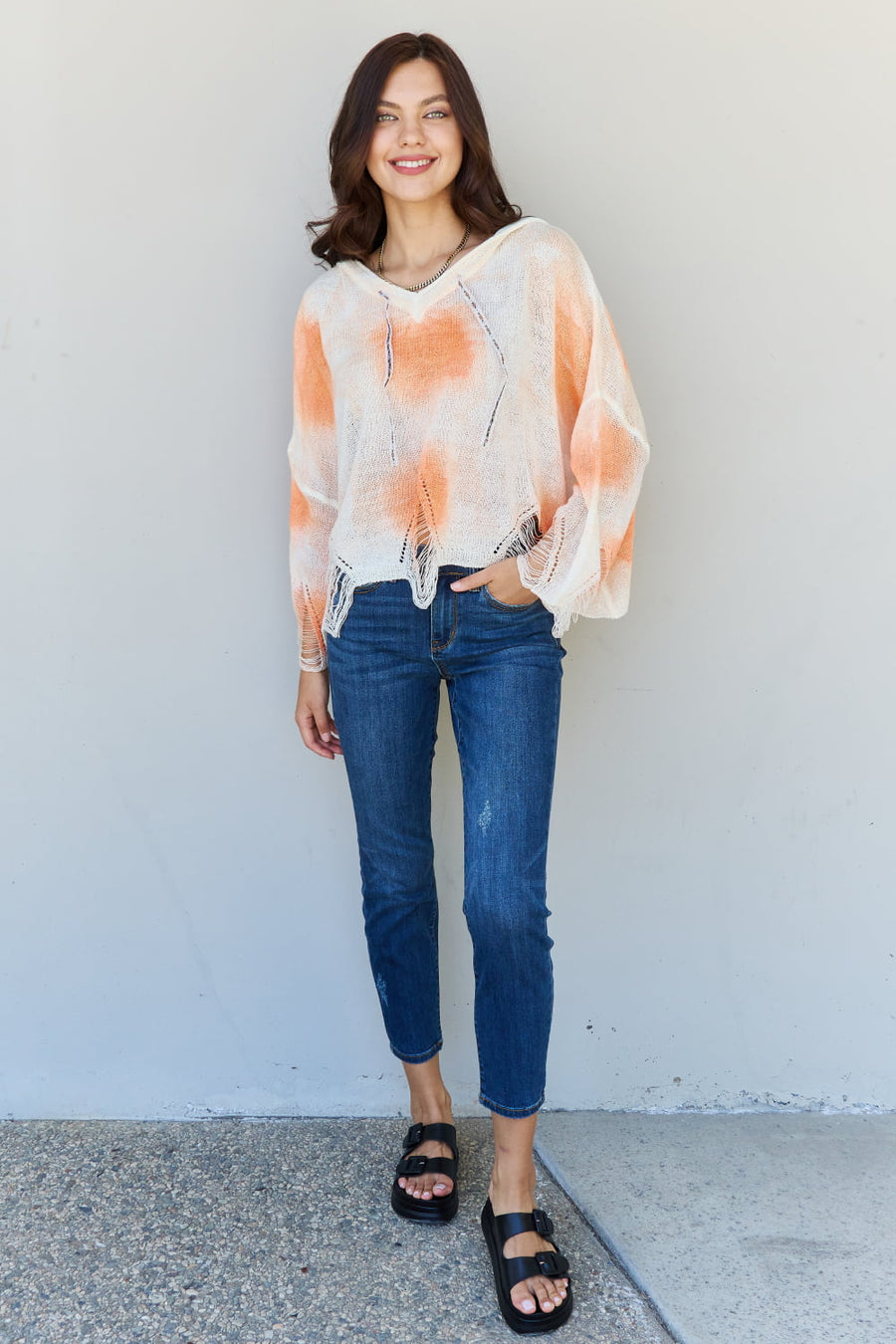 POL Mix It Up Tie Dye Hooded Distressed Sweater in Ivory/Orange