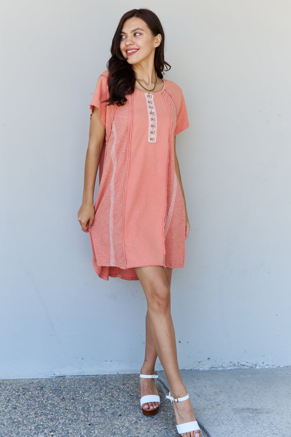 POL All Day Comfort Front Hook Contrast T-Shirt Dress in Blush Red