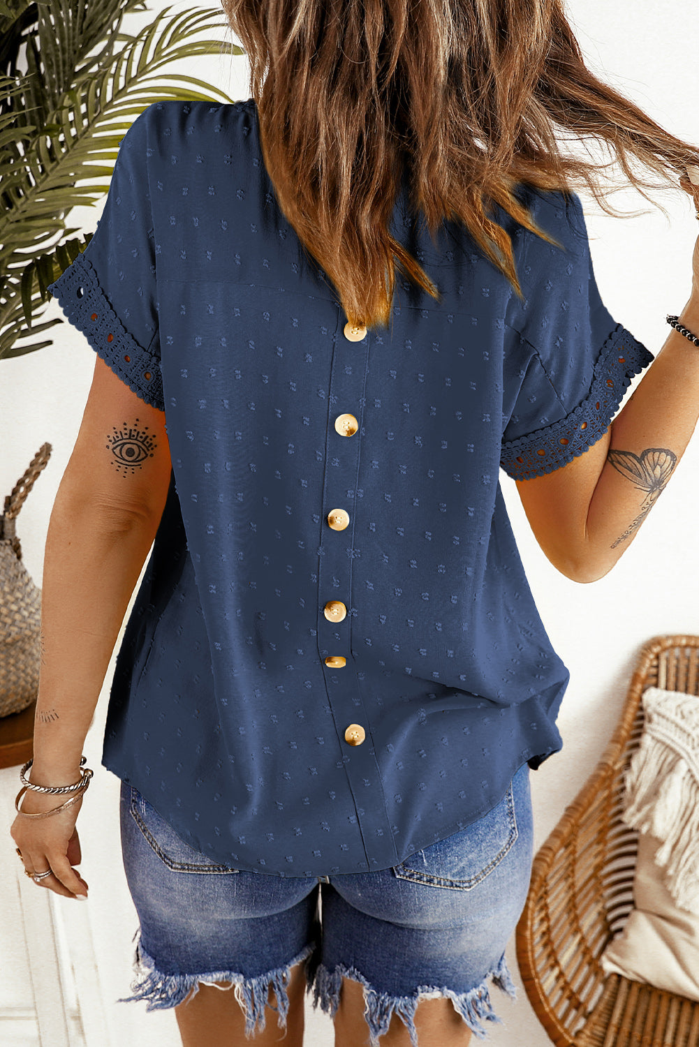 Swiss Dot Decorative Button Short Sleeve Blouse