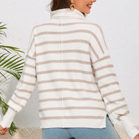 Cowl Neck Drastring Dropped Shoudler Striped Print Blouse