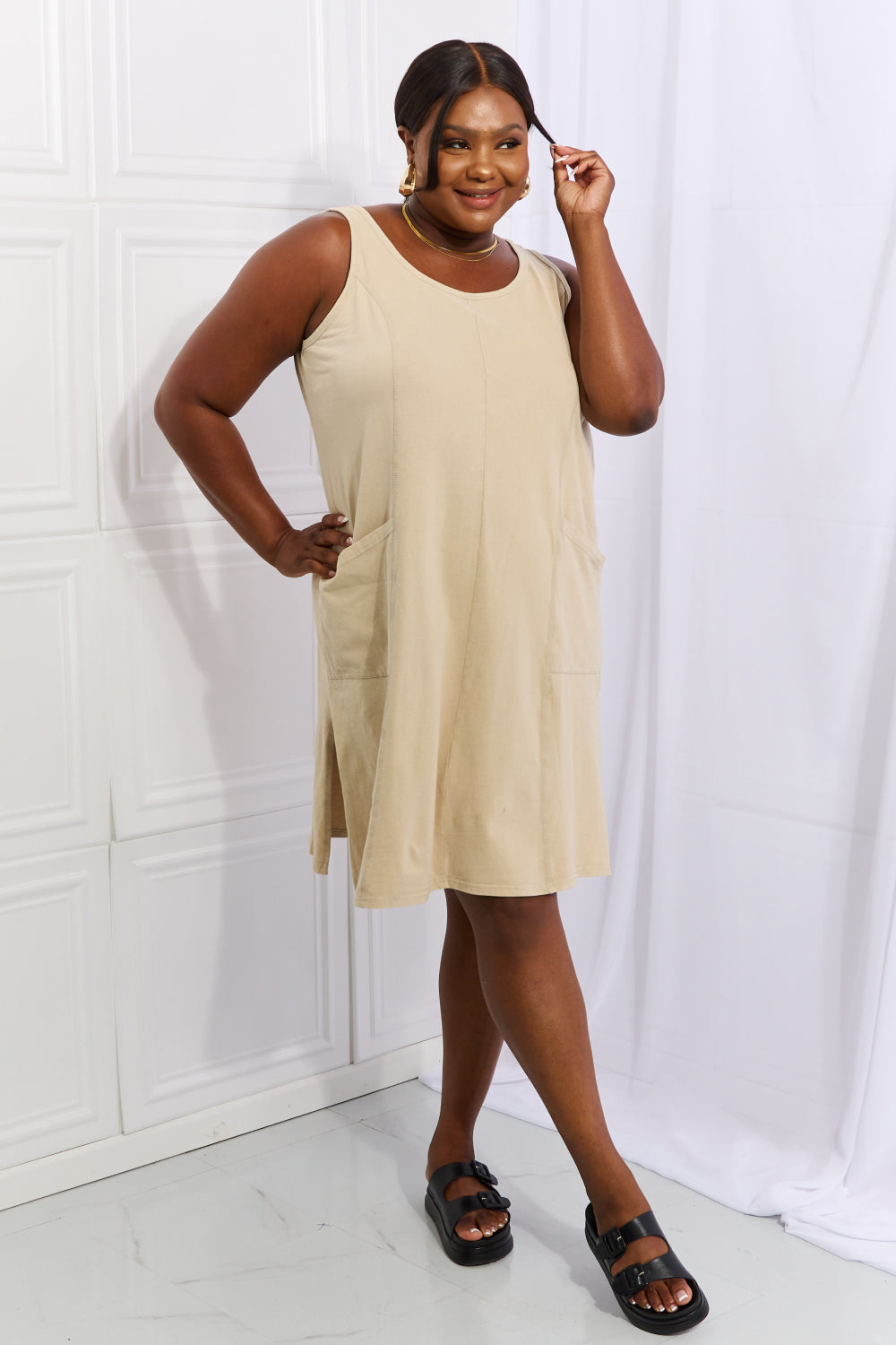 HEYSON Look Good, Feel Good Full Size Washed Sleeveless Casual Dress in Sand