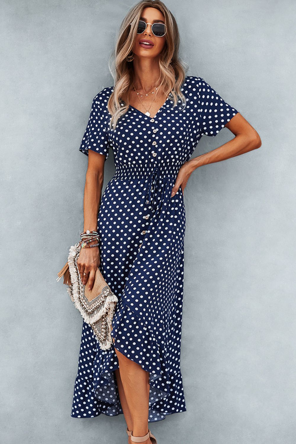 Polka Dot Ruffle Hem V-Neck Short Sleeve Midi Dress