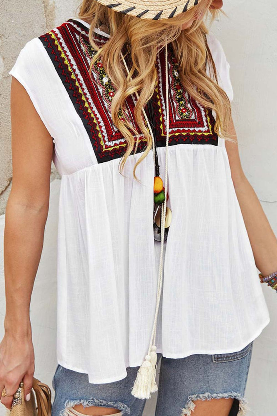 Tassel Tie Neck Ethnic Print Blouse