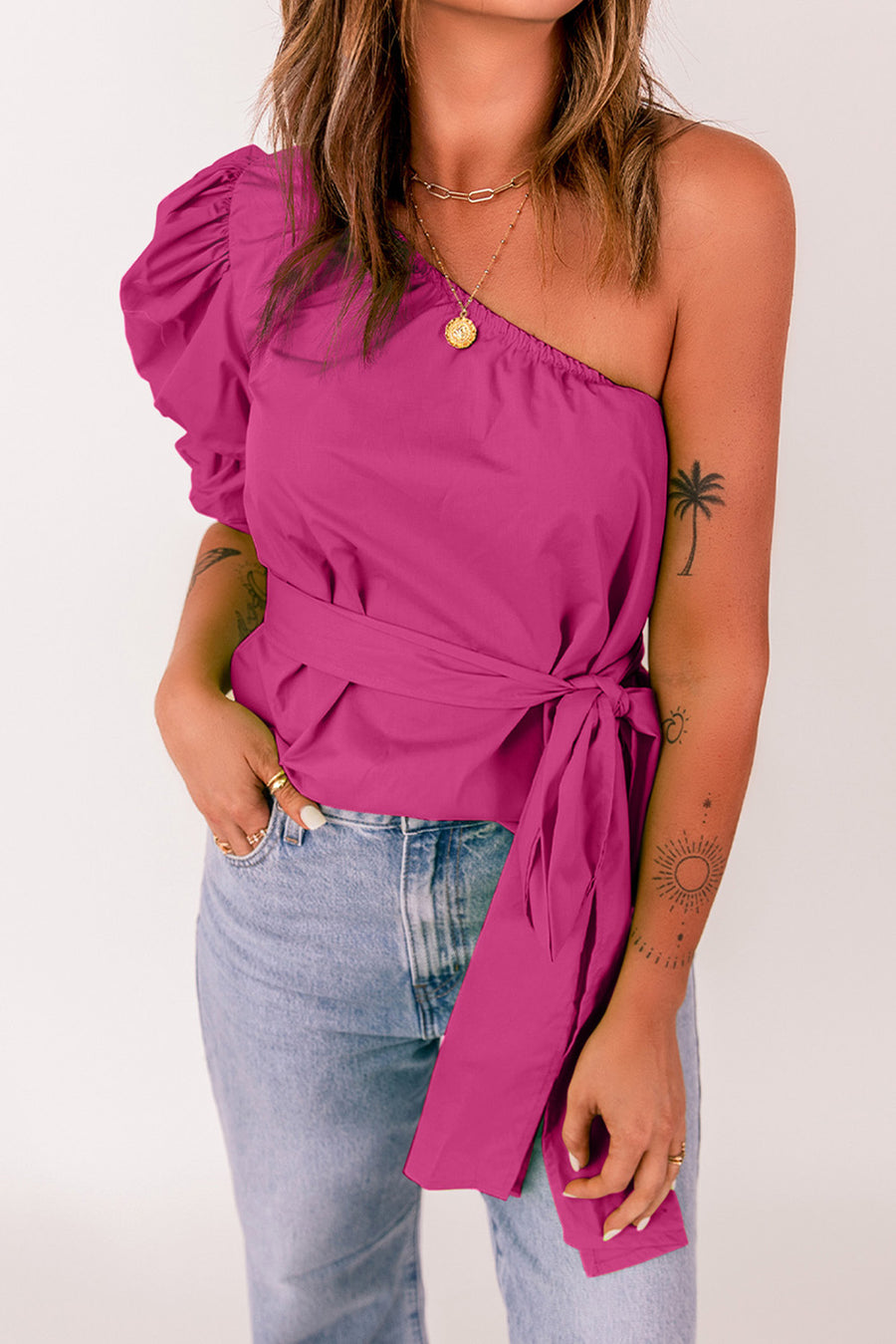 Tied Puff Sleeve One-Shoulder Top