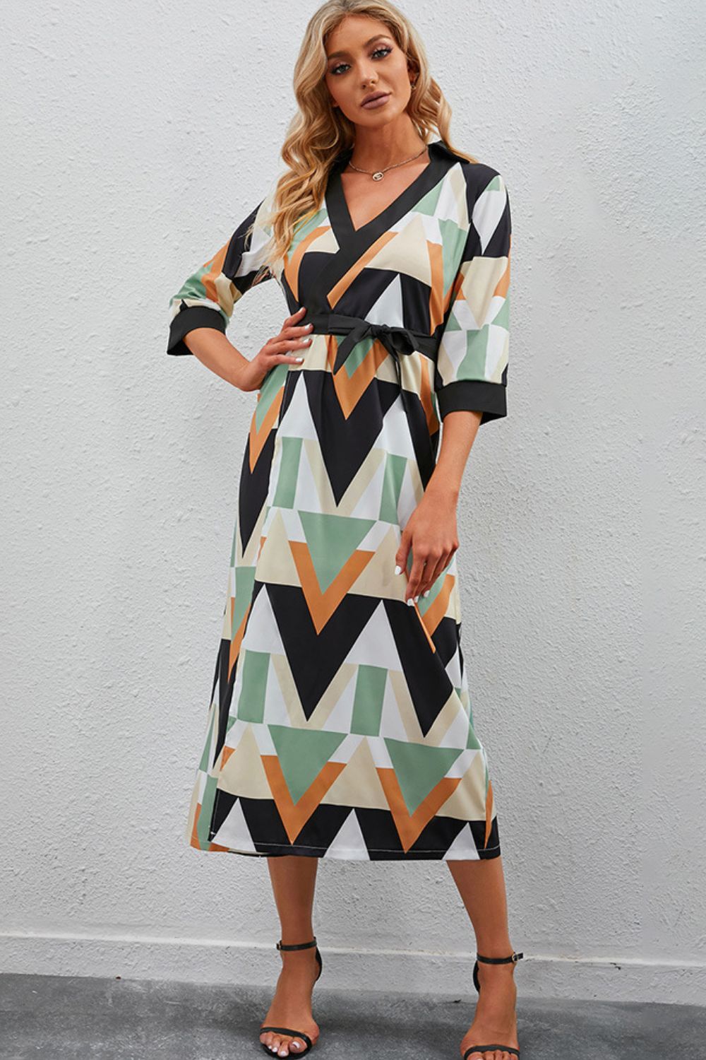 Printed Three-Quarter Sleeve Tied Midi Dress