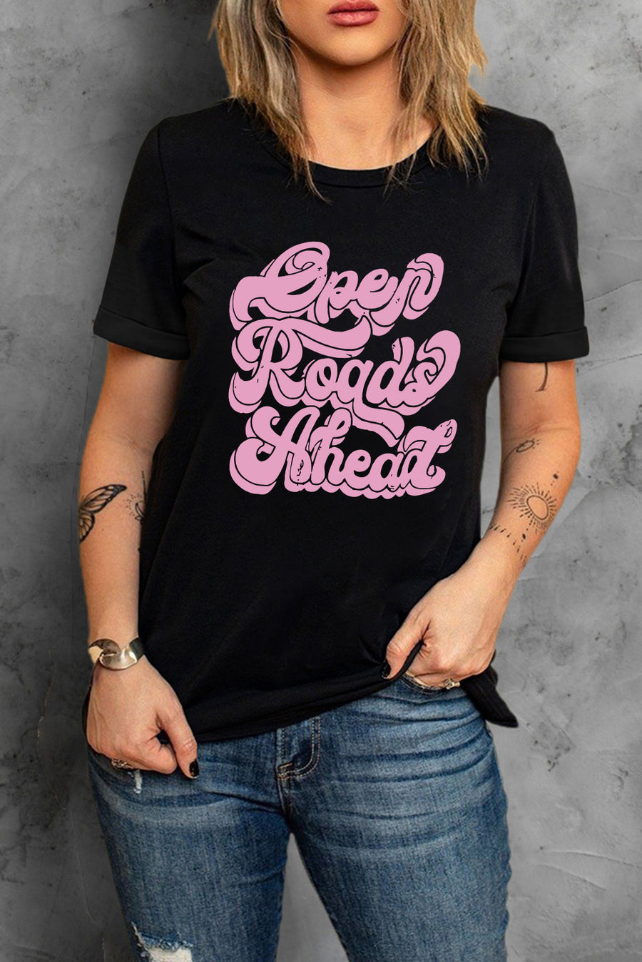 Round Neck Short Sleeve OPEN ROADS AHEAD Graphic Tee