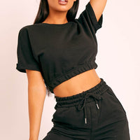 Short Sleeve Cropped Top and Drawstring Shorts Lounge Set