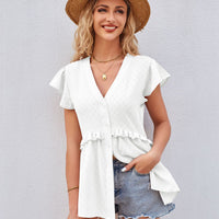 Buttoned V-Neck Ruffle Trim Top