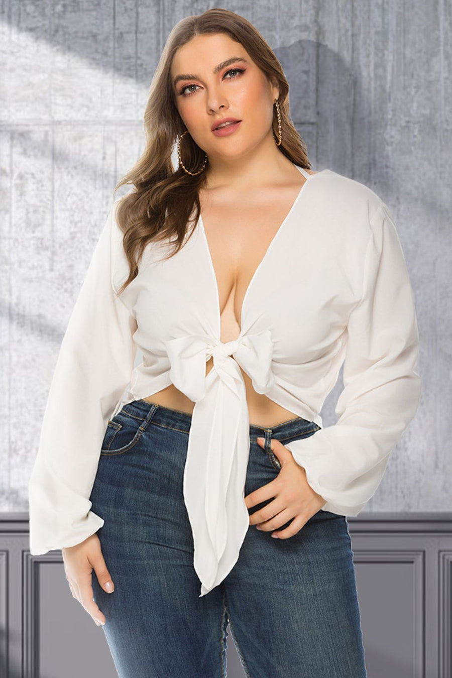 Full Size Tied Balloon Sleeve Crop Top