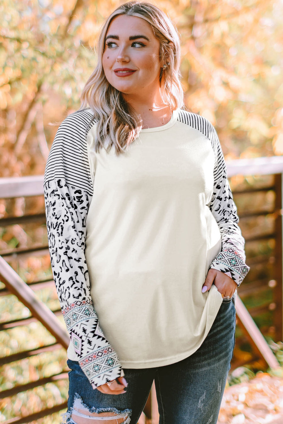 Plus Size Mixed Print Raglan Sleeve Round Neck Top