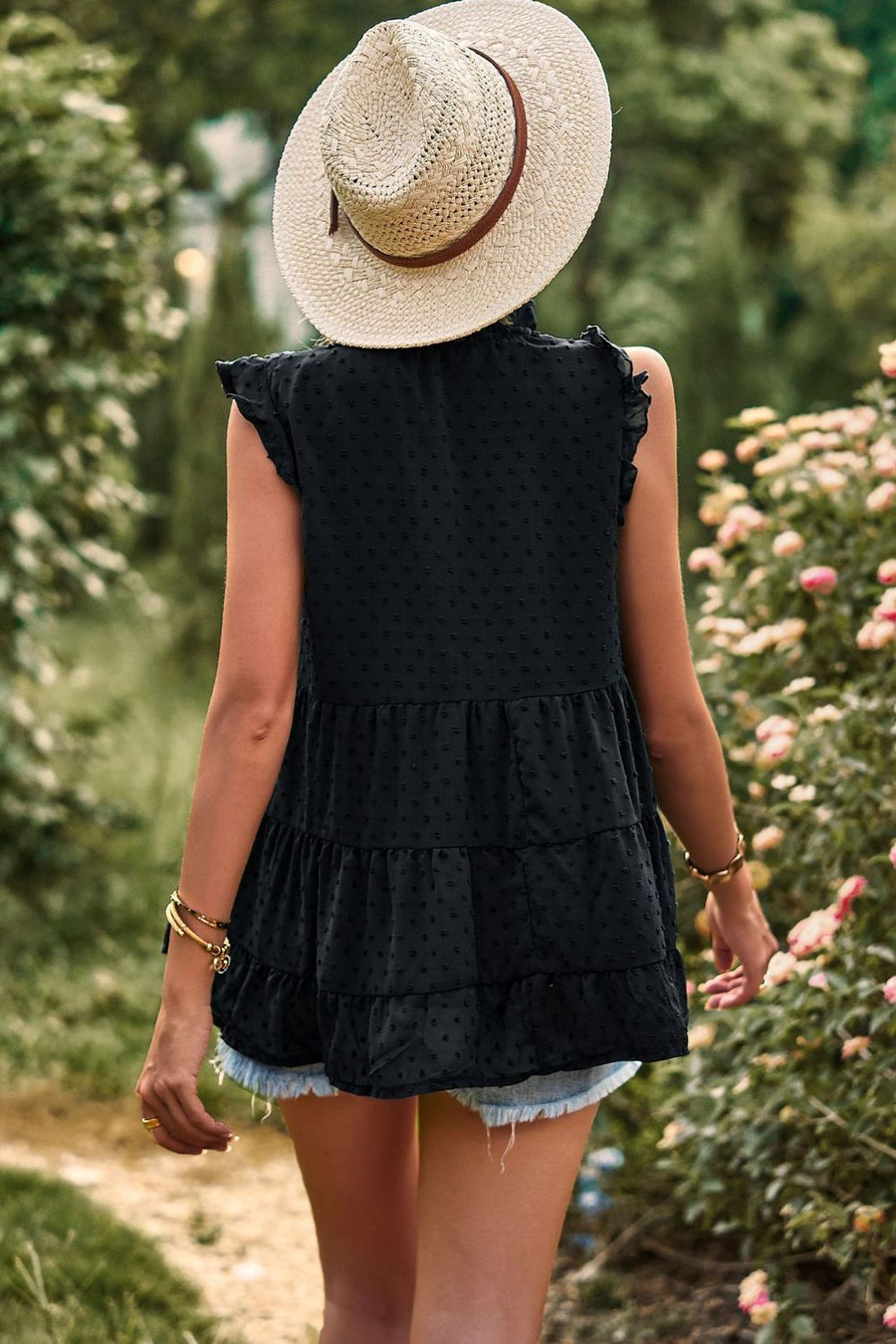 Swiss Dot Ruffle Shoulder Tiered Top