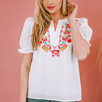 Embroidered Notched Neck Flounce Sleeve Top