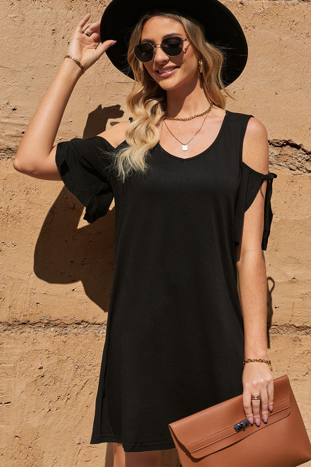 Tied Cold-Shoulder V-Neck Mini Dress