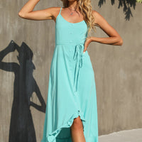 Decorative Button Spaghetti Strap Ruffle Hem Dress