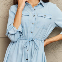 Ninexis Collared Neck Tie Waist Denim Dress