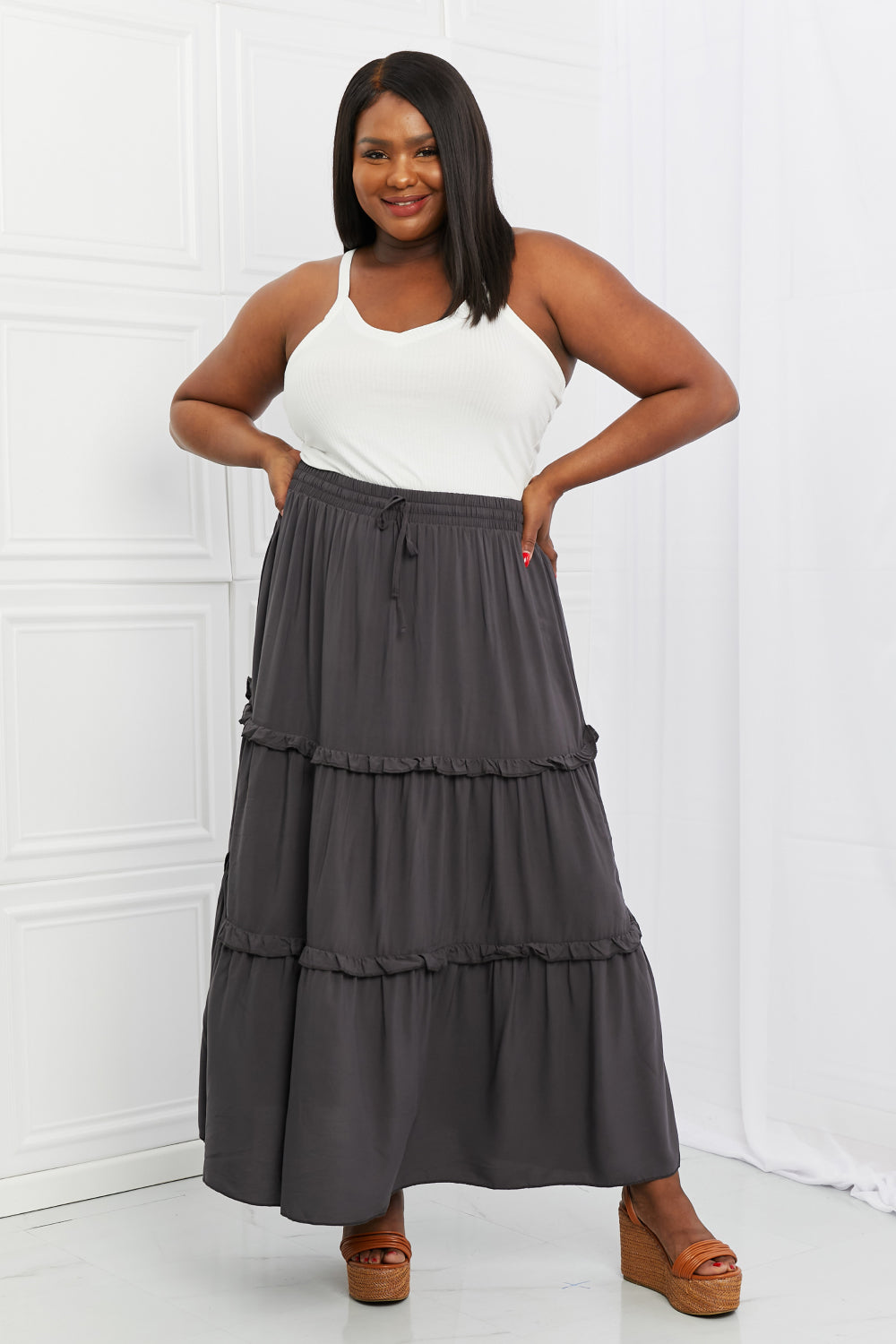 Zenana Summer Days Full Size Ruffled Maxi Skirt in Ash Grey